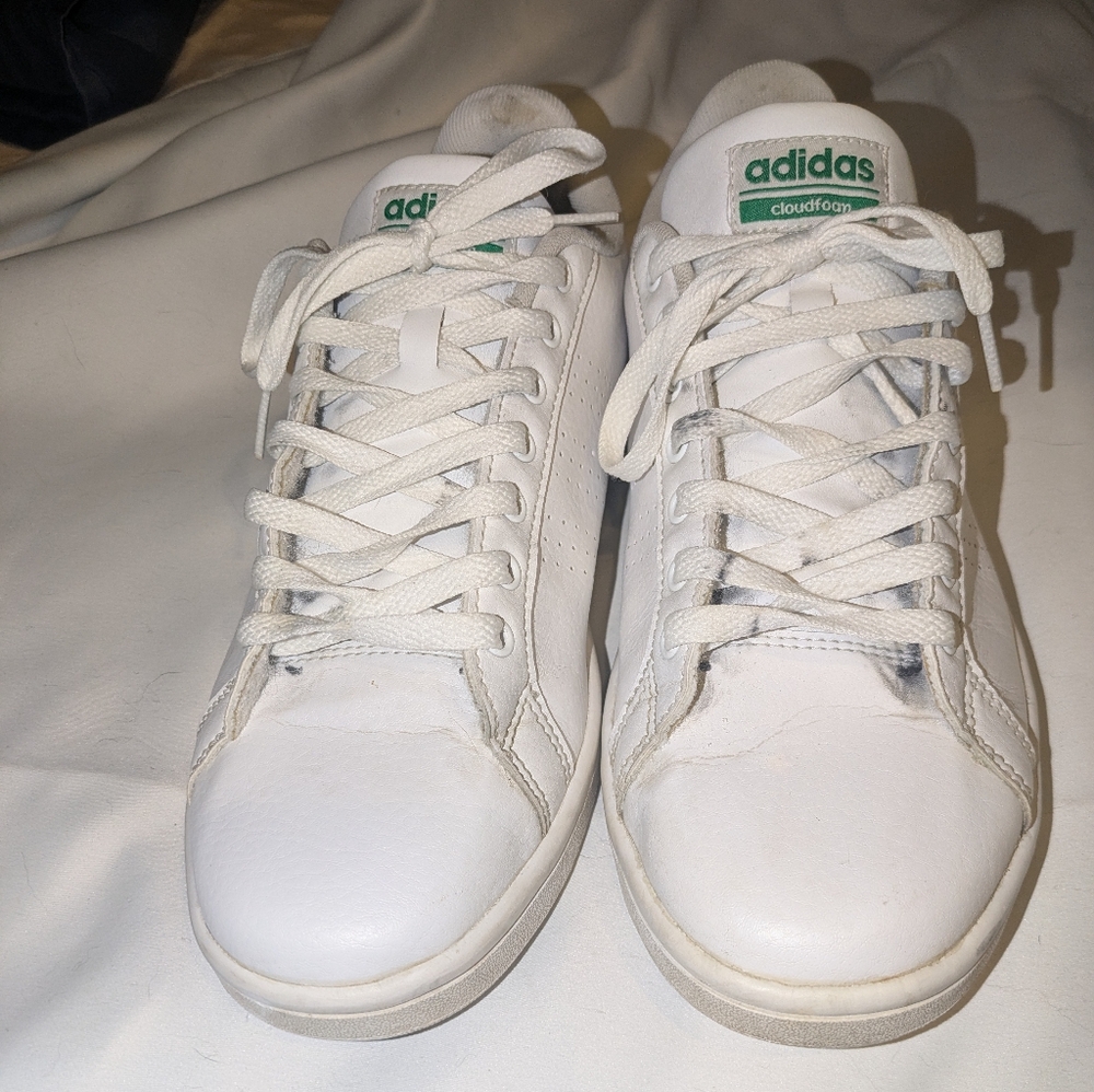 adidas White Athletic Shoes with Green Accents